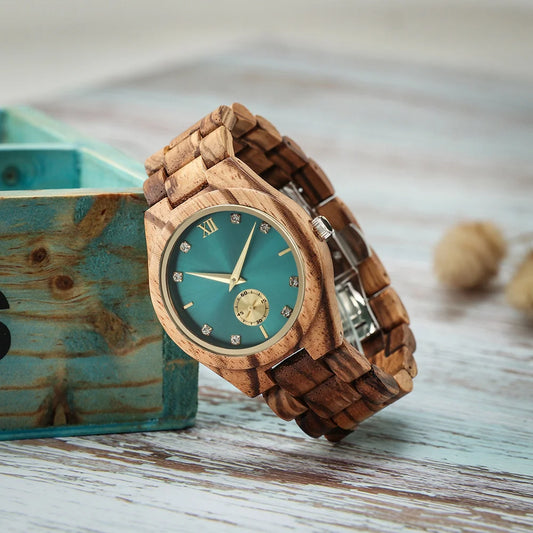 Simulated Diamond Dial Wooden Wood Wrist Watch For Women